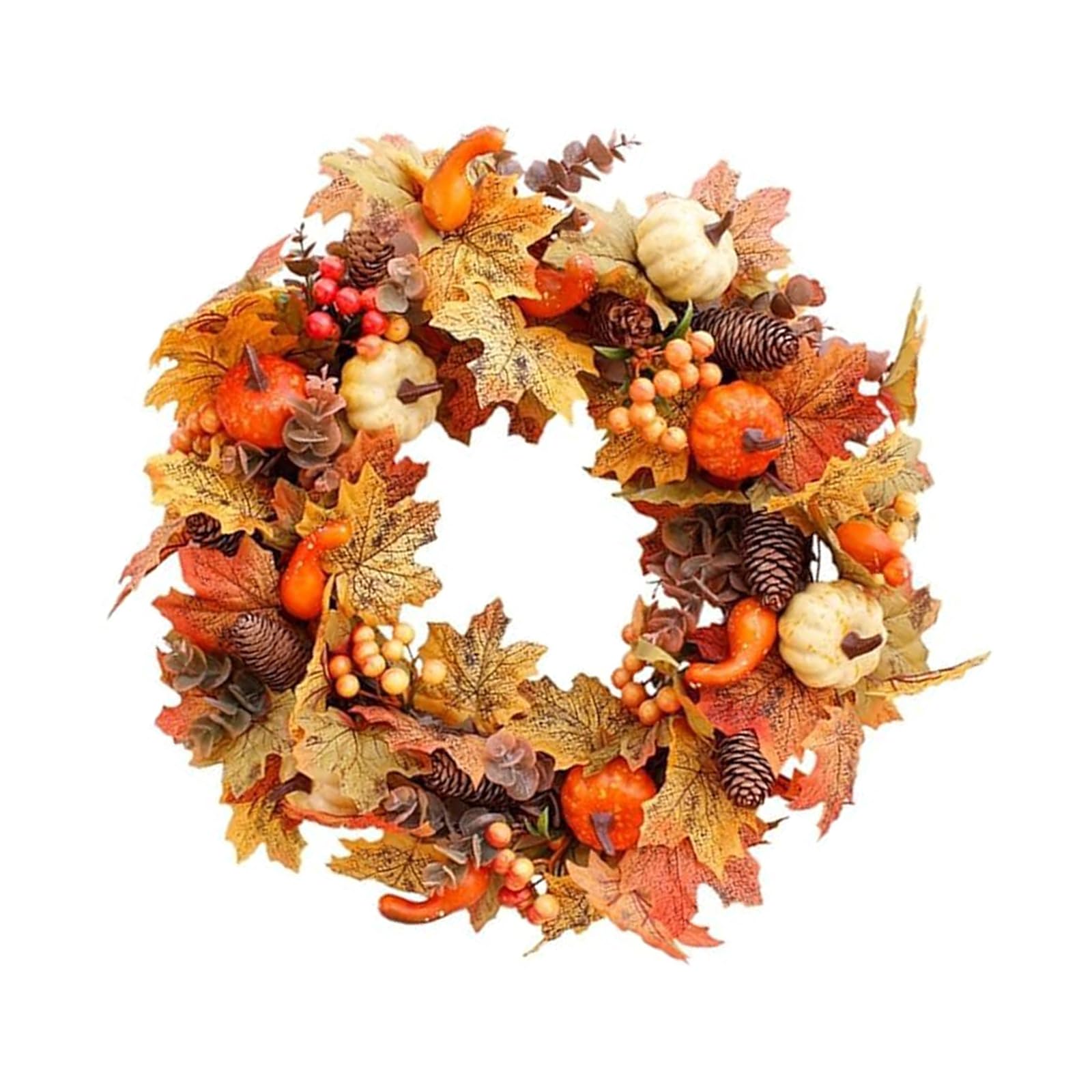 Xjdzineq Autumn Thanksgiving Wreath Rattan Garland with Berries Pine Cones Pumpkins Maple Leaves for Halloween Christmas Front Door Decoration Thanksgiving Halloween Christmas Autumn Home Decoration