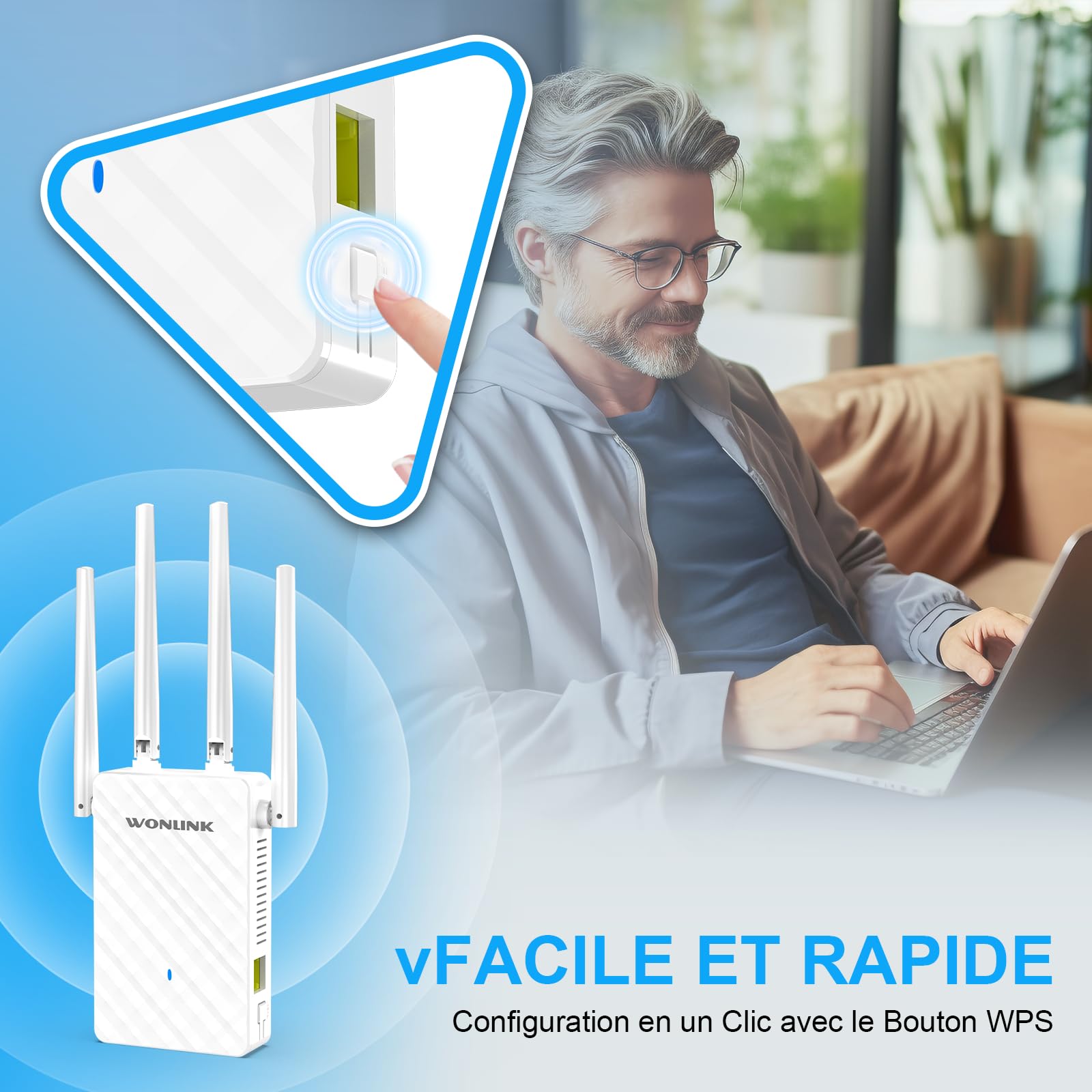 Répéteur WiFi Puissant AC1200 Mbps, Amplificateur WiFi Puissant Double Bande WiFi Extender avec 4 Antennes, Port Ethernet, Couvre jusqu'à 100 m², Compatible avec Toutes Les Box Internet