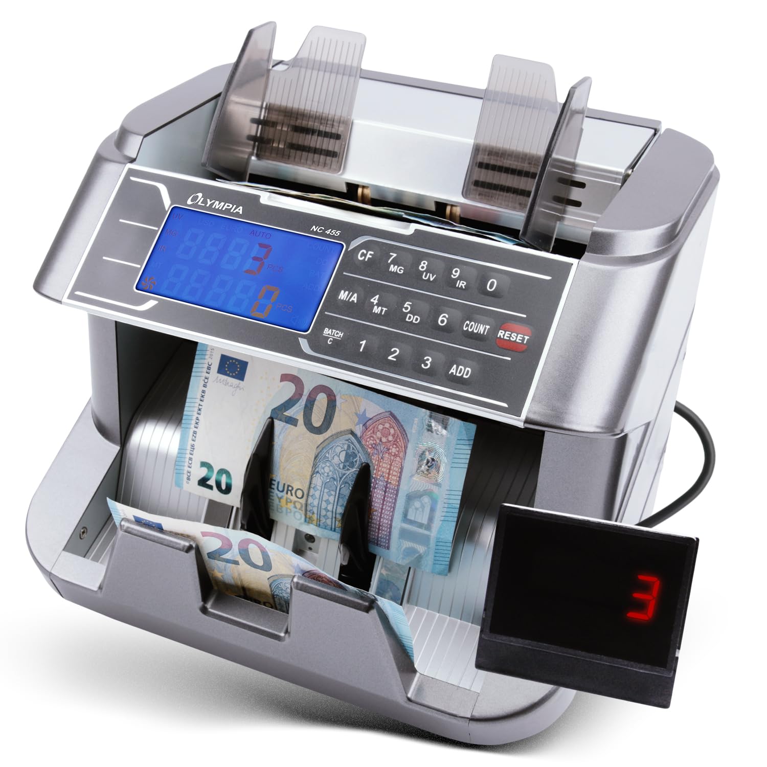 OLYMPIA NC 455 Money Counting Machine & Note Checker (for Notes, Authenticity, Addition Function, LCD Display, Euro Banknote Counter, Dollar, Pound etc with Update Function)