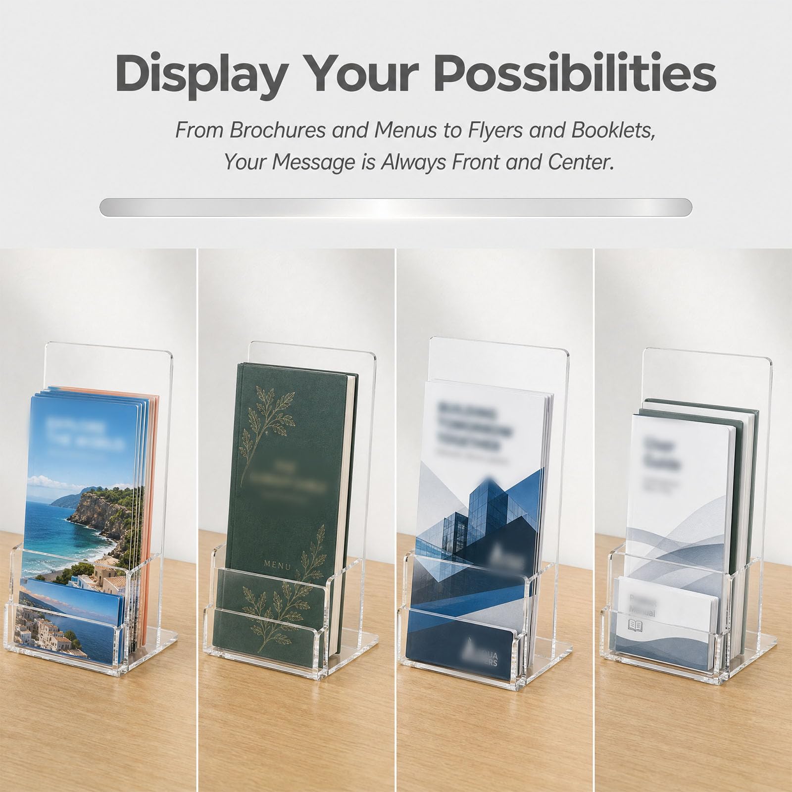 2 Pack Expositor para Folletos A6 de Metacrilato Transparente Soporte Inclinado con Porta Tarjetas de Visita Organizador de Flyers Publicidad Base Antivuelco Estable para Mesa Mostrador Negocio | Acrílico transparente con ranura para tarjetas de visita, 3