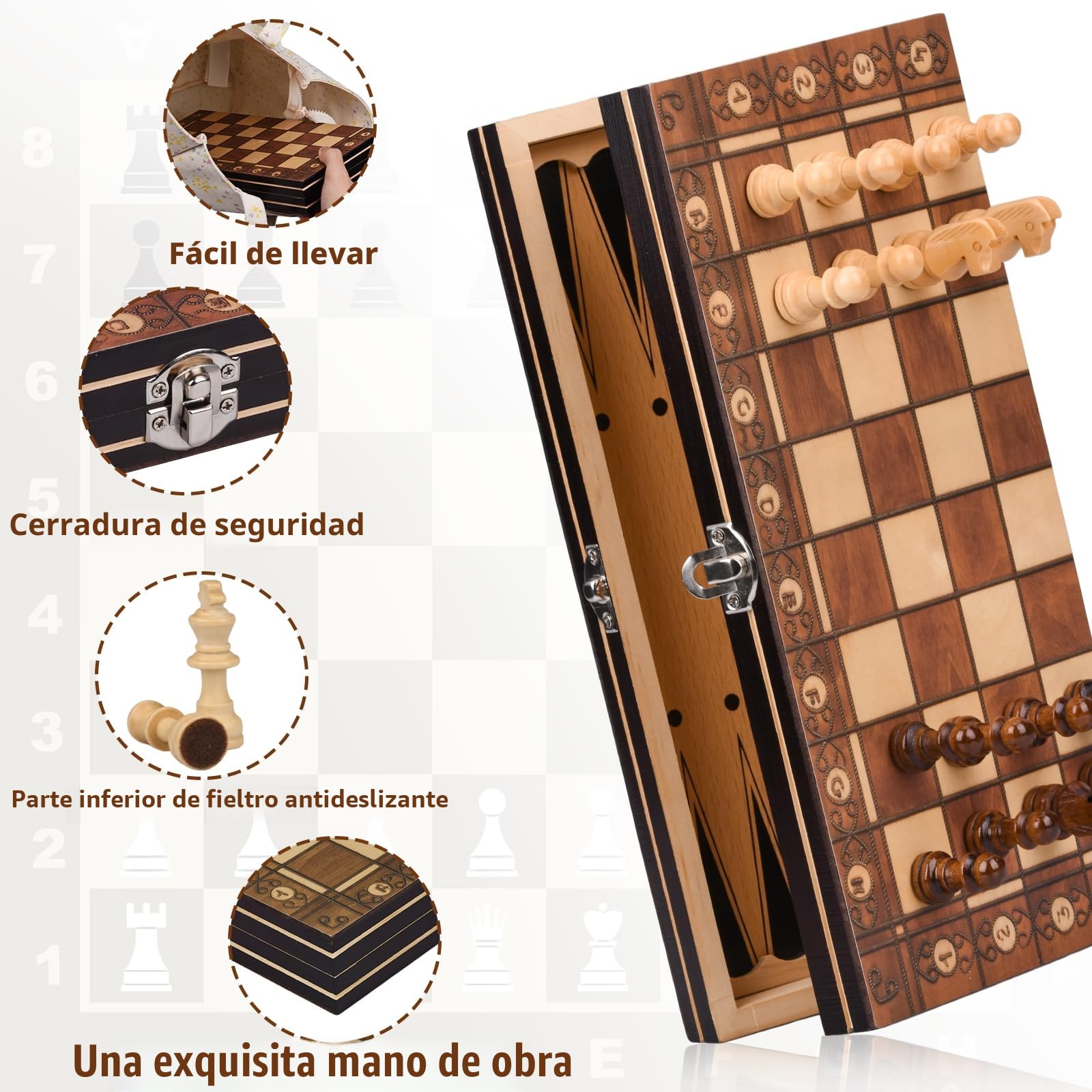 Juego De Ajedrez 3 En 1 de Madera,Ajedrez Magnetico Plegable para Viaje Fiesta Regalos, para niños(29 * 29cm)