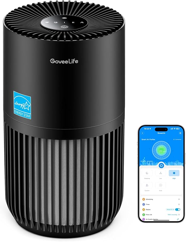 Smart Mini Air Purifier for Bedroom, with App & Alexa Control | HEPA Filter, Portable Air Cleaner with 3 Speeds, 2 Modes, Aroma for Pet Hair, Odors, Pollen, Home, Black