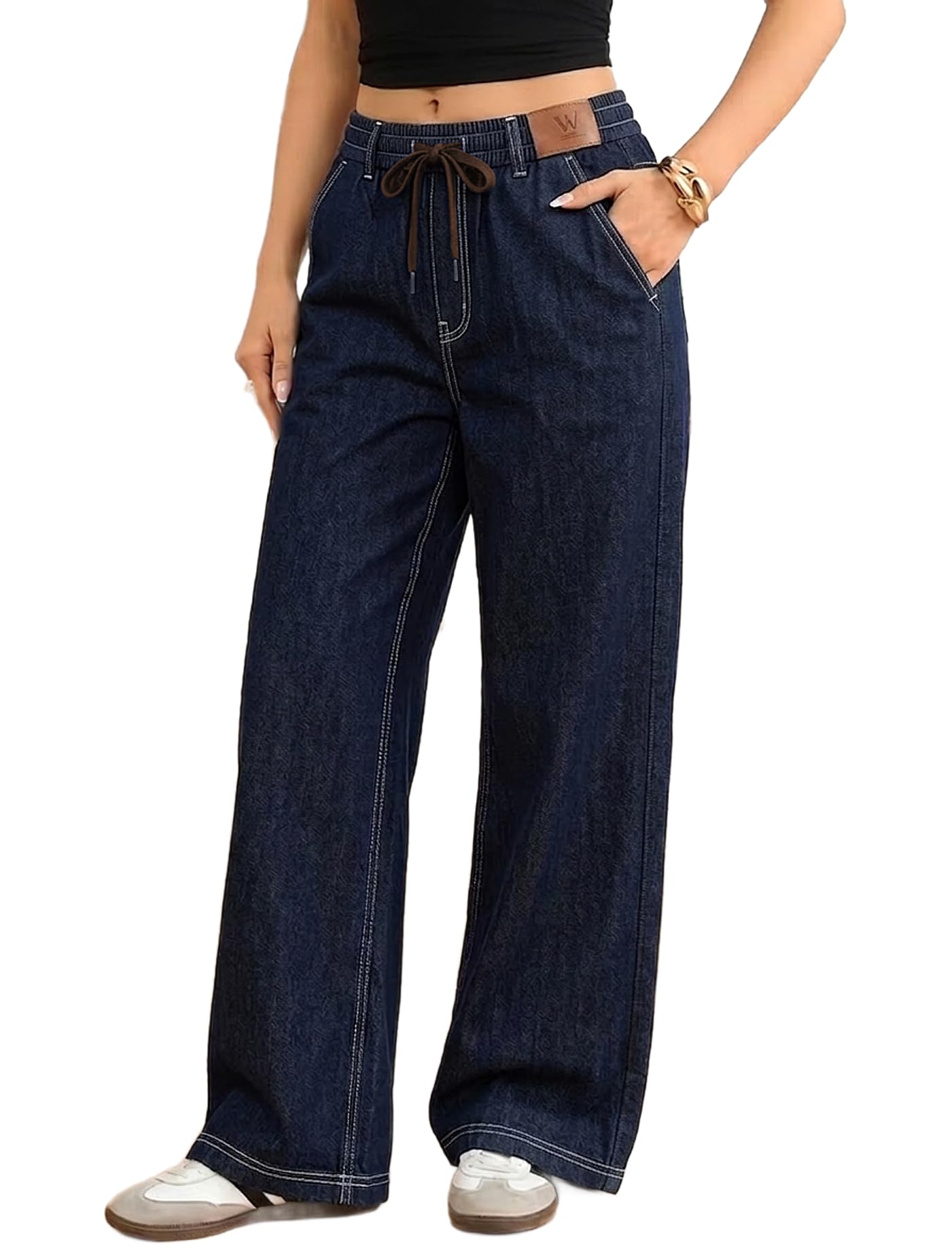 khwaish store Khwaish Women's Soft Denim Look Wide Leg Straight Fit Baggy Jean Oversized Pant High Waist Drawstring Waistband 2 Side Slant Pockets Loose Fit Comfortable Casual Trouser-picture-21
