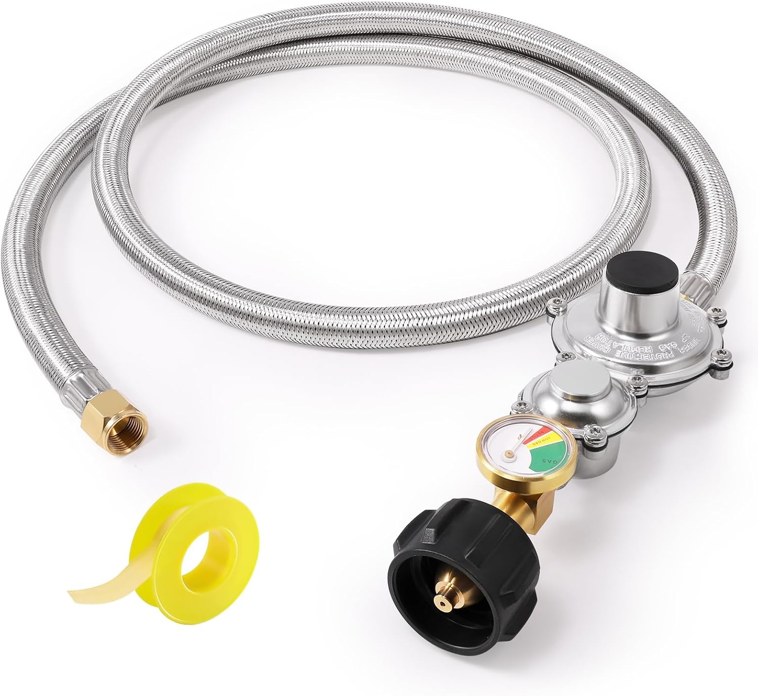 5FT 2 Stage Propane Regulator with Hose & Gauge, Stainless Steel Propane Regulator Hose for Grills, RV Appliance, Generator, Gas Stove and More, QCC1/Type1 Tank Connection, 3/8" Female Flare Nut