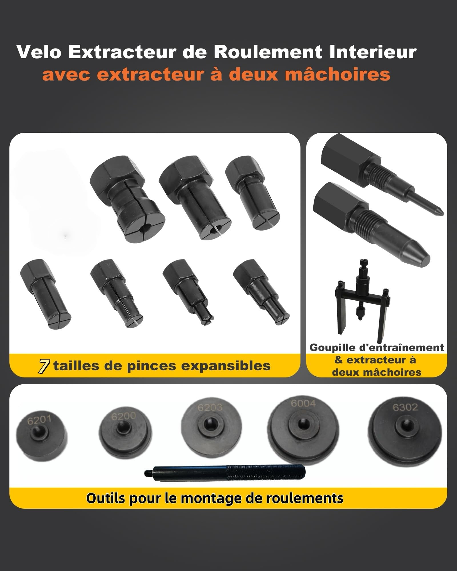 16PCS Velo Extracteur de Roulement Interieur avec Kit Presse à Roulements pour l'installation Roulements Arrache Roulement avec 7 Pince de Serrage à Expansion & Extracteur à Deux Mâchoires