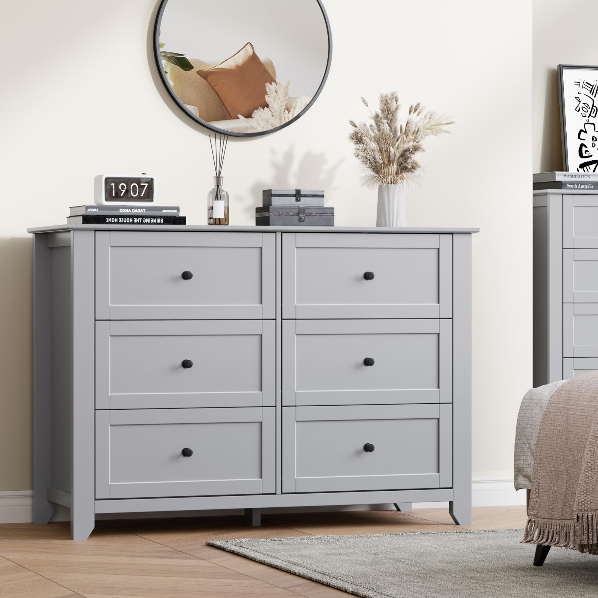 IDEALHOUSE Grey 6 Drawer Dresser for Bedroom, Large Dresser with Deep Drawers & Metal Knobs, Modern Wooden Chests of Drawers for Entryway, Hallway