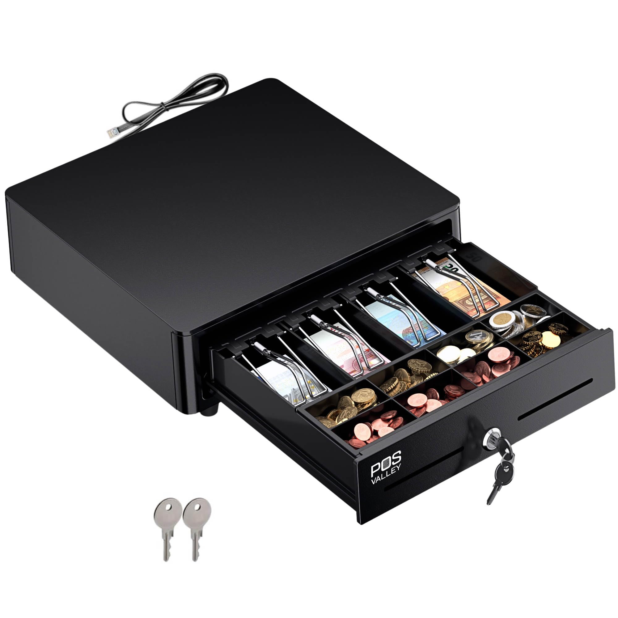 Cassetto Cassa Piccolo Mini In Ferro con Angoli Rotondi, 4 Scomparti Banconote/ 8 Monete (euro), Apertura Automatica RJ11/12, POS Stampante e Registratore di Cassa - 33x35 cm (Nero)