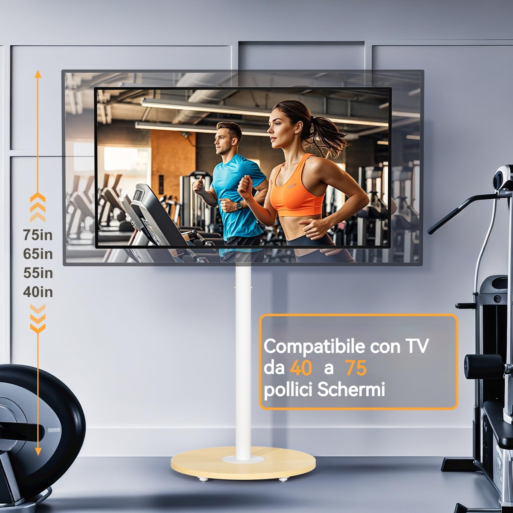 Supporto TV da Pavimento con Ruote Nascoste Legno Base per 40-75 Pollici Peso Max 50kg Max VESA 600x400mm, Regolabile in Altezza, Bianco
