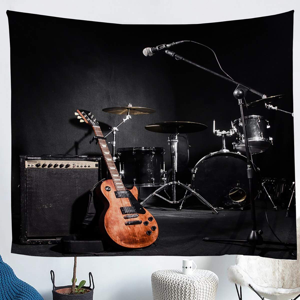 Loussiesd Teens Guitar Tapestry Rock Music Themed Wall Blanket For Kids Adults Musical Pattern Wall Hanging Drum Kit Instruments Bedding Throw Blanket Bedroom Decor XLarge 69x91 - Image 3
