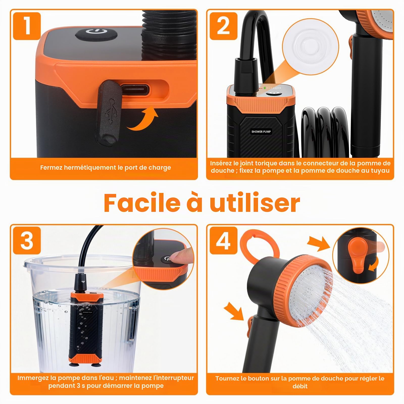 Douche de Camping, 8000mAh Douche Portable avec Pomme de Douche Filtrante, Pompe de Douche Électrique Rechargeable Étanche IPX8, Kit Douche Exterieur pour Camping, Animaux, Randonnée, Voyage
