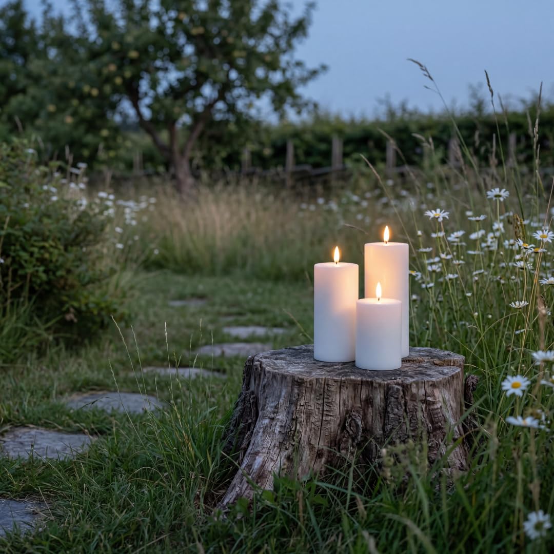 Solar LED Stumpenkerzen Outdoor 3er-Set – Flammenlose Kerzen mit Realistischer 3D-Flamme, IP44 Wetterfest, Versteckte Solarzellen, Bis zu 15h Leuchtdauer – 10/12,5/15 cm