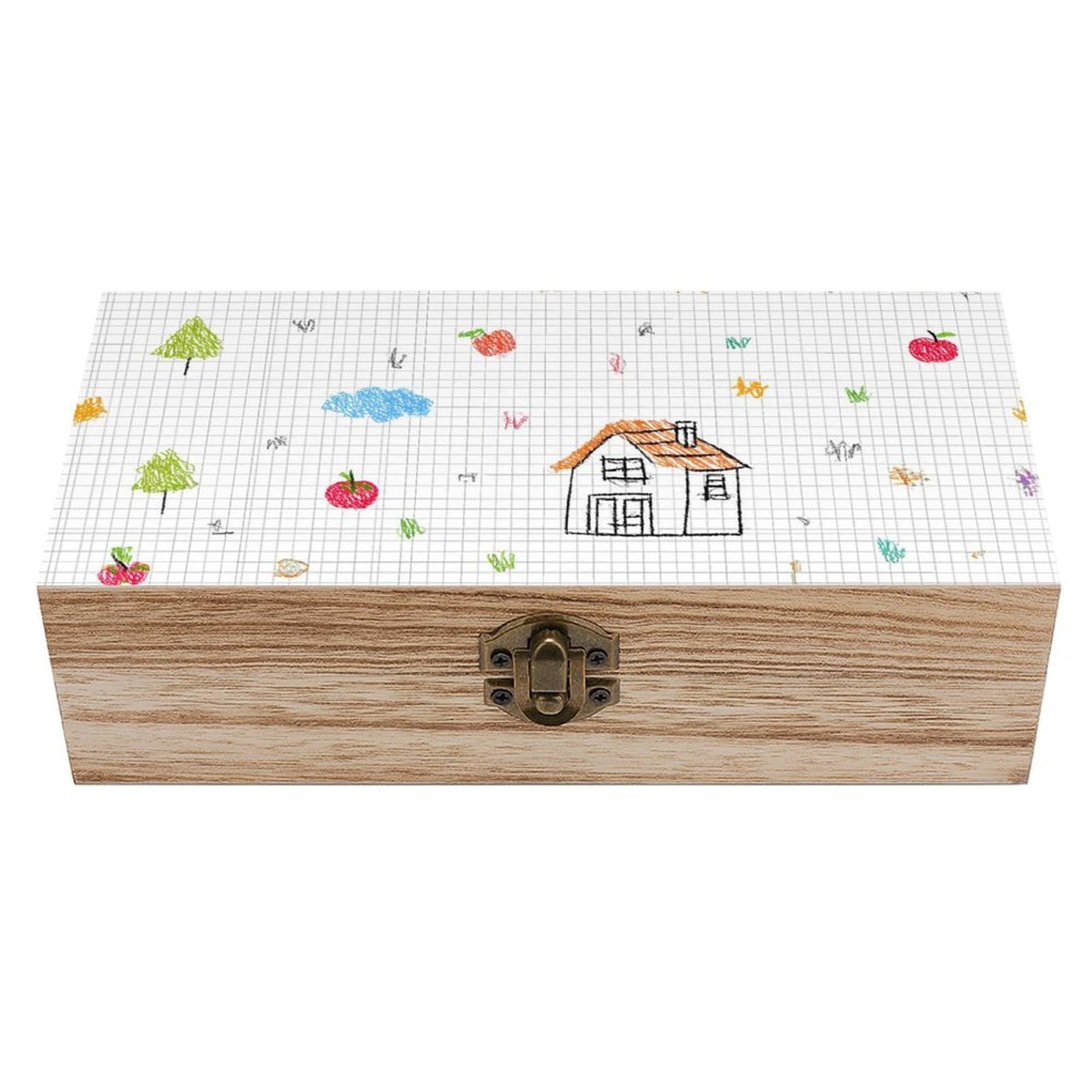 HLBSDM Cute Drawing Grid Paper Wooden Storage Box Craft Memory Keepsake Treasure Chest Box Jewelry Organizer