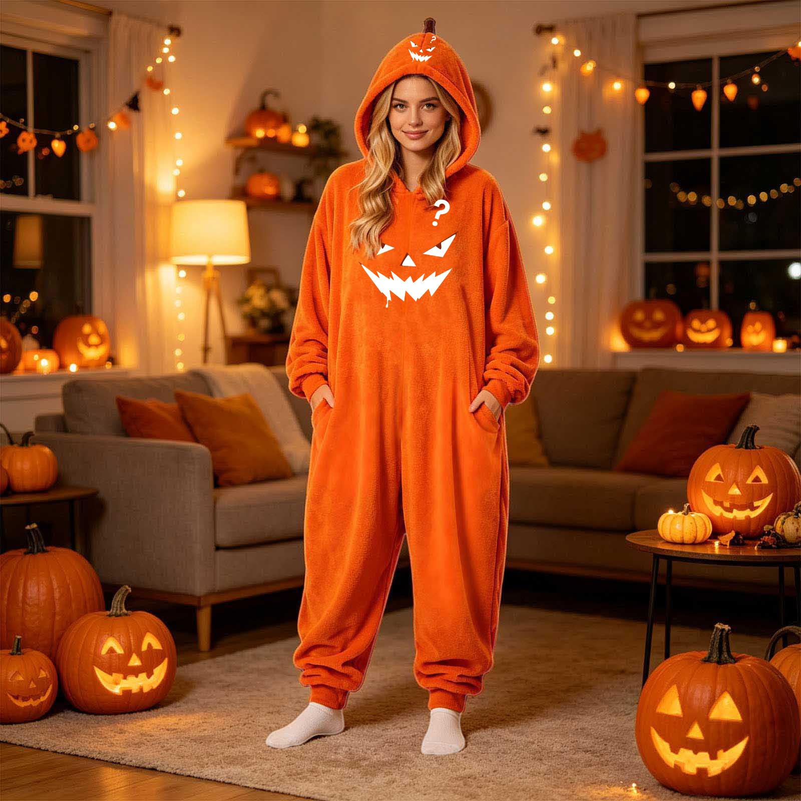Tuta Zucca Halloween Adulto Costume Intero con Cappuccio Creativo Design Creativo Zucca, Tuta Calda con Cappuccio, Costume Halloween Adulto per Cosplay e Tempo Libero