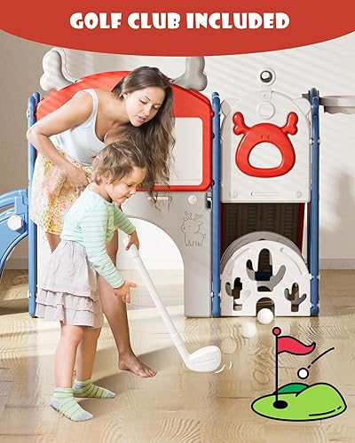 Miniatura 5 de YUFU Tobogán infantil 12 en 1 para niños pequeños, juego de tobogán con golf, tabla de dibujo, escalador, aro de baloncesto y espacio de