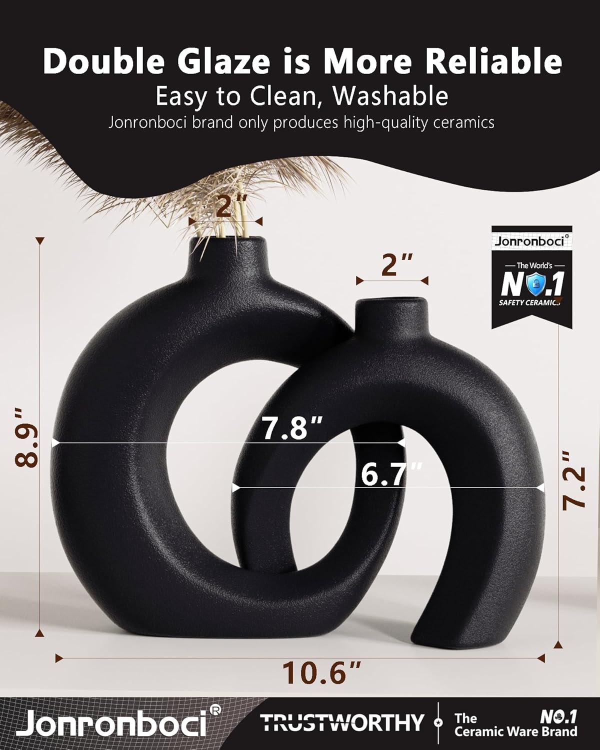 Black Ceramic Donut Shaped Decorative Vase Set of 2