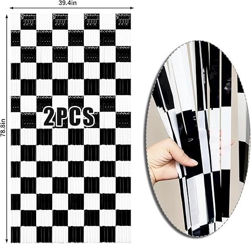 Miniatura 6 de Paquete de 2 cortinas de flecos de aluminio para autos de carreras, fondo metálico de oropel con purpurina a cuadros negros y blancos