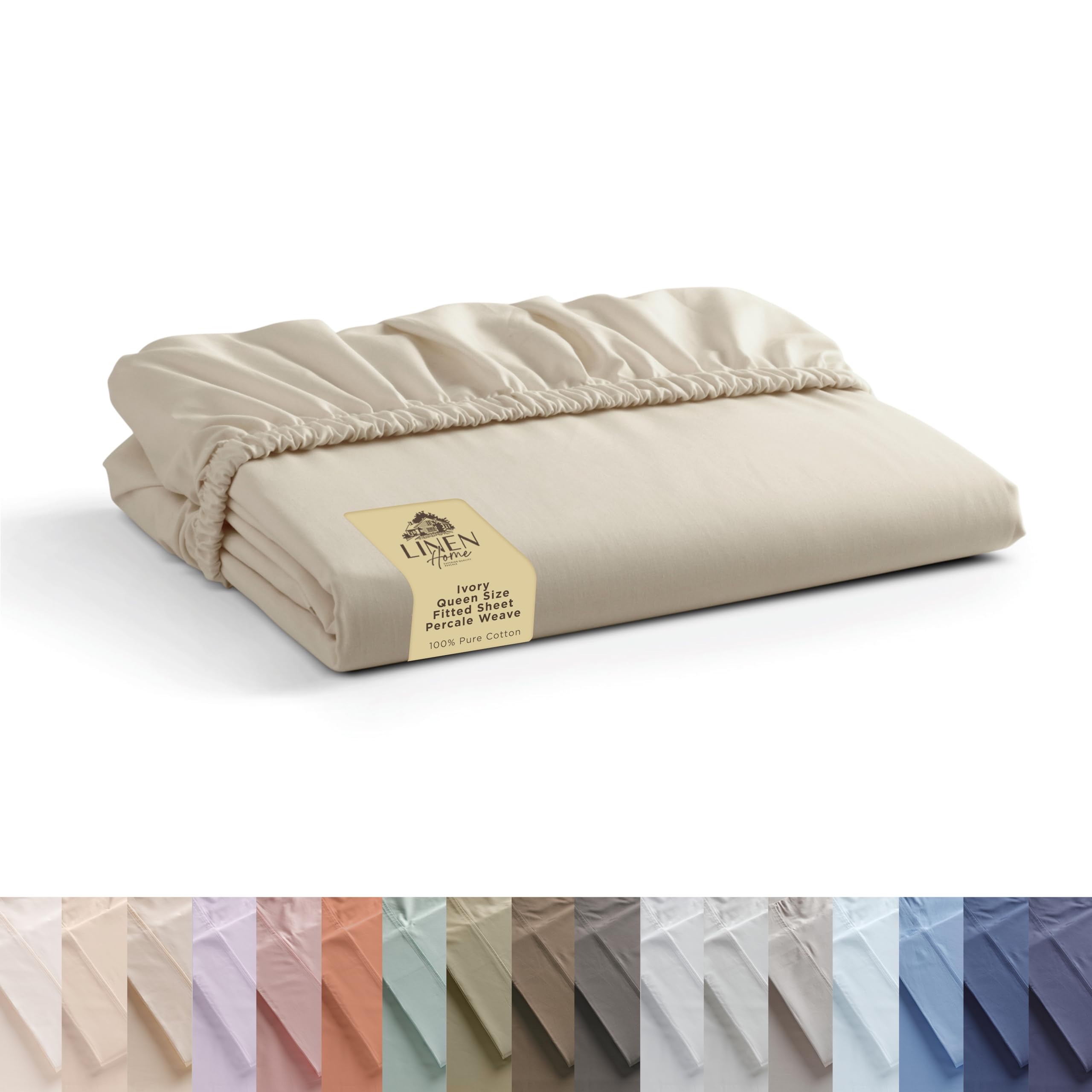 Linen Home 100% Cotton Percale Weave Fitted Sheet, Queen Size, Ivory, 1 Deep Pocket Fitted Sheet, Fits Mattress Upto 16" Crisp and Cool Strong Bed