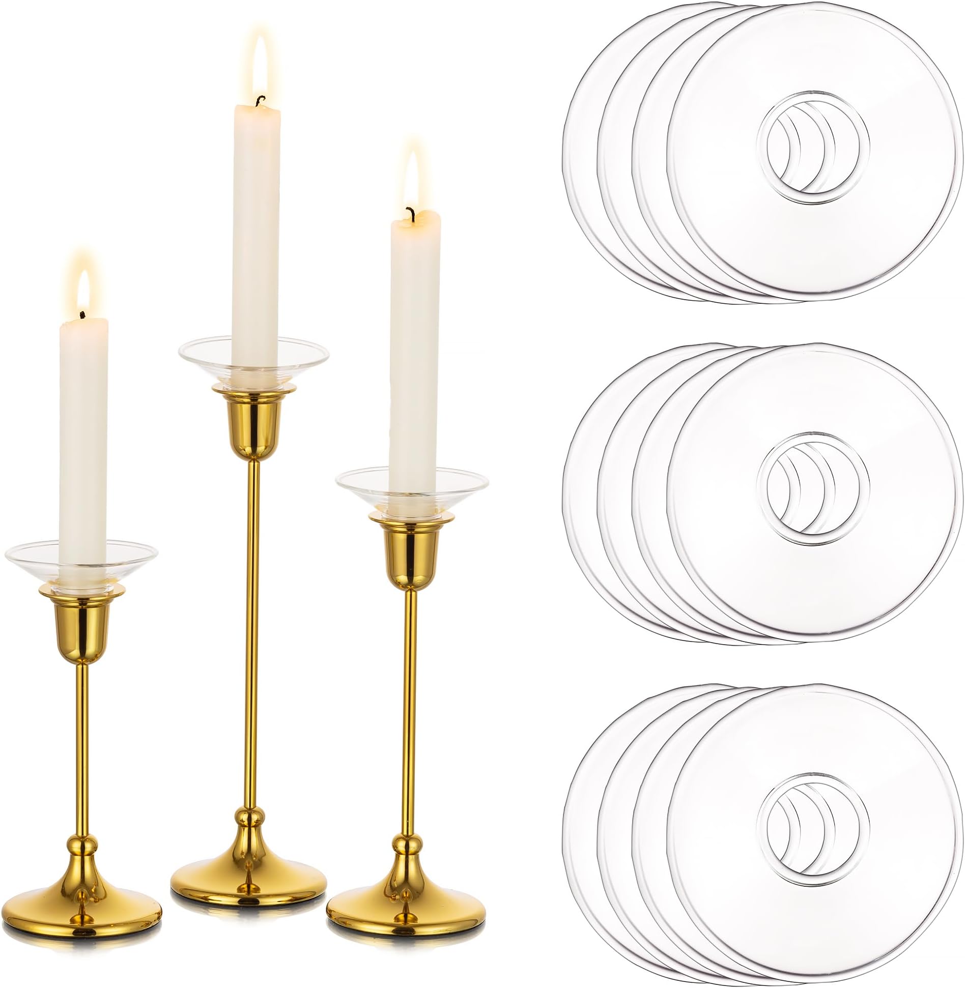 Glasseam Candle Drip Protectors for Candle Stick Candle Holder, Clear Glass Bobeches for Candlesticks Set of 12, Round Wax Catchers for Candles, Taper Candle Holders for Table Centerpiece Wedding