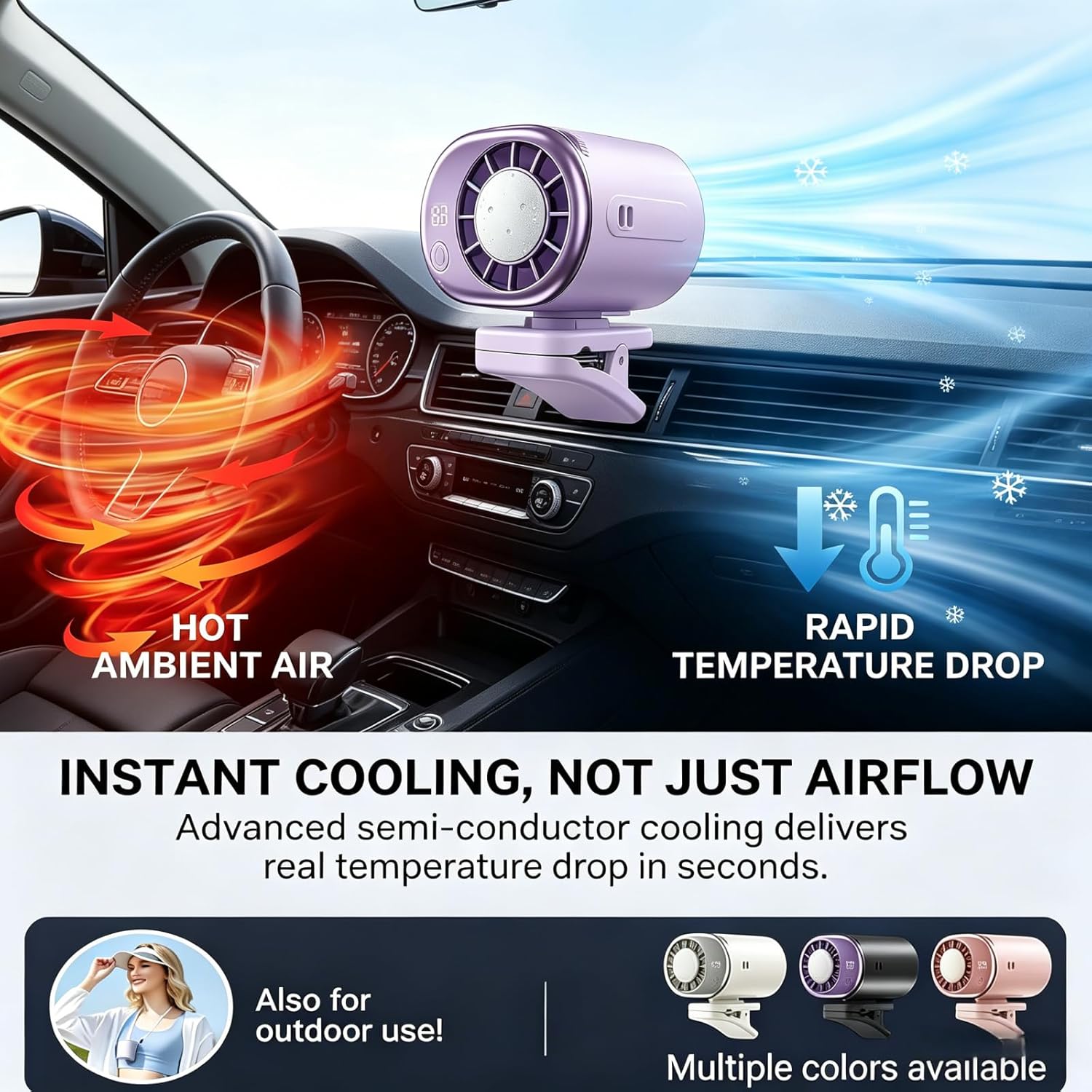 2026 Portable Car Air Conditioner, Car Clip On Fan with 16°C Semiconductor Cooling,199 Speeds LED Display 360° Rotation USB Rechargeable Cooling Fan for Vehicle Truck (white)