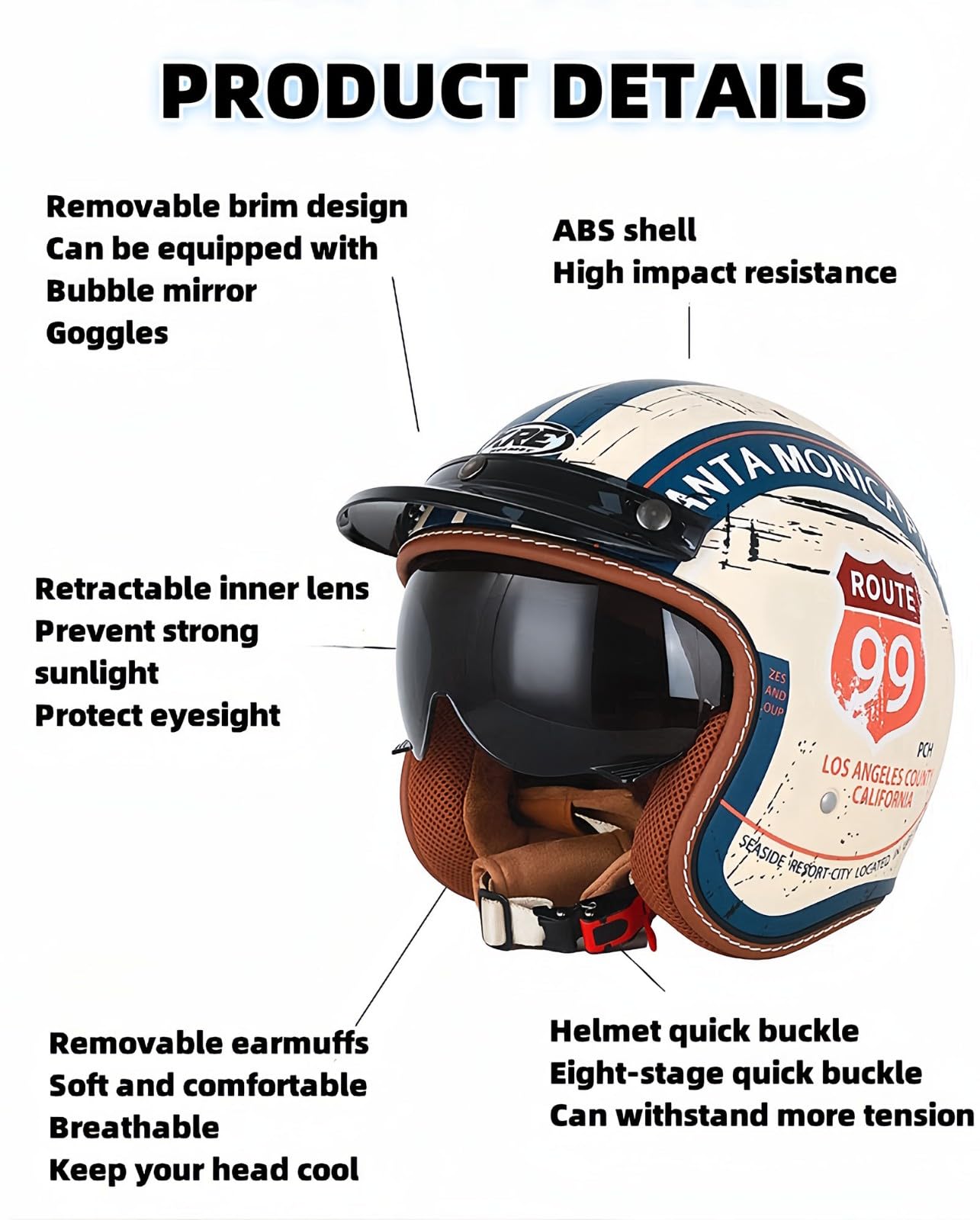 Jethelme 3/4 Halber Motorradhelm, Retro-Motorradhelm, DOT/ECE-Zugelassener Retro-Jet-Helm Für Damen Und Herren, Moped, Motorrad, Helikopter