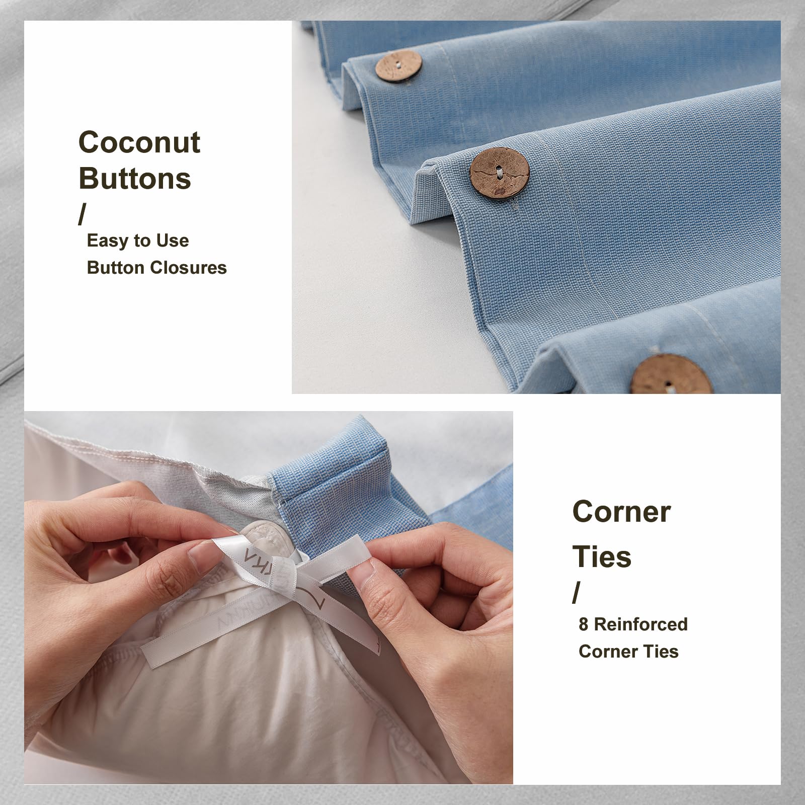 MUKKA Juego de funda de edredón tamaño King, cierre de botón de coco, estilo similar al lino, 145 g, peso duradero, microfibra cepillada, suave, moderna, funda de edredón tamaño Queen (azul medio