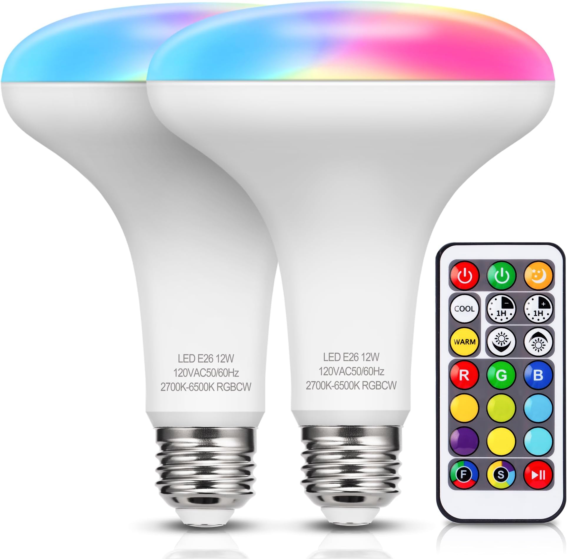 JandCase BR30 Color Changing Light Bulb, RGB+Warm+Cool White LED Flood Lights, 12W(100W Equivalent), 1050lm, Remote Control, Dimmable Multi-color Can Light Bulbs for Ceiling, E26 Base, 2 Pack