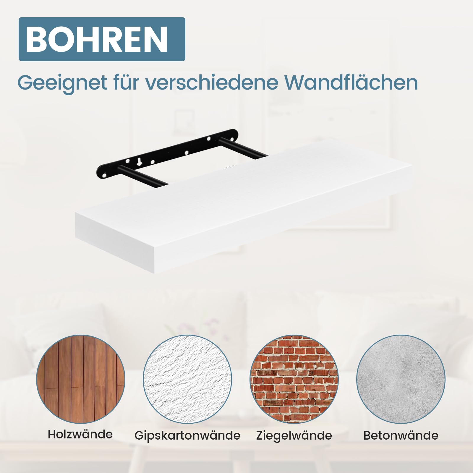Wandregal, Regale Weiß Wand 40cm, 5er-Set Schweberegal Weiss, Moderne dekorative Regalbrettmit sauber Verarbeitet für Schlafzimmer, Küche, Büro, Wohnzimmer usw