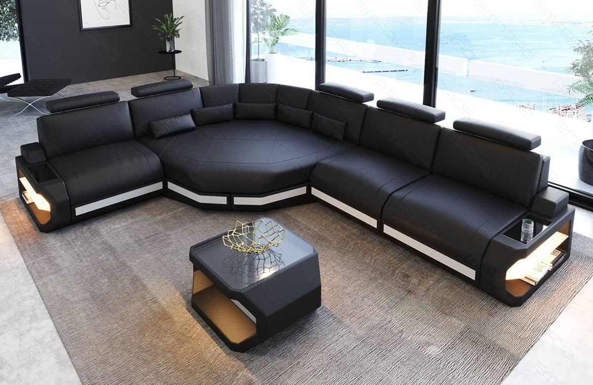 Leather corner sofa Asti L shape - with LED lighting, adjustable headrests, relax corner/leather colors selectable/orientation selectable (corner left, black-white)
