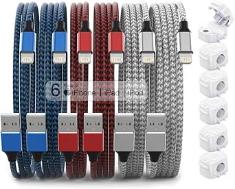 [Apple MFi Certified] Lightning Cable 6Pack & 6Pack Magnetic Cord Organizer Set, Nylon Braided Fast Charging Cable for iPhone, iPad, with Cable Clips for Car Home Office Desk