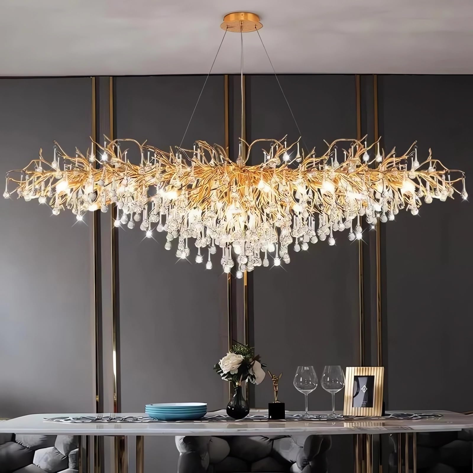 MESOVFCA Tree Branch Chandelier Luxury Rectangular Crystal Raindrop Pendant Light 12 Lights Kitchen Island Hanging Light Fixture for Living Room Dining Room Foyer Entryway Gold L47.2 Inch