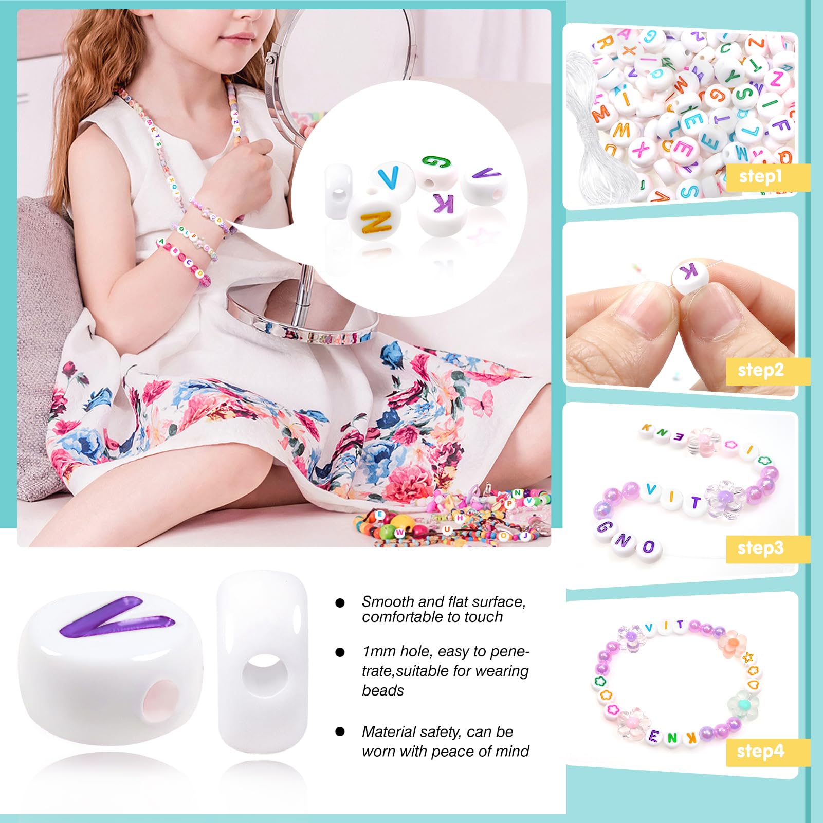 Yochus 1000 Perline Acriliche Bianche Con Lettere Colorate A-Z – 4x7mm Per Bracciali Nome, Collane, DIY, Gioielli Fai Da Te