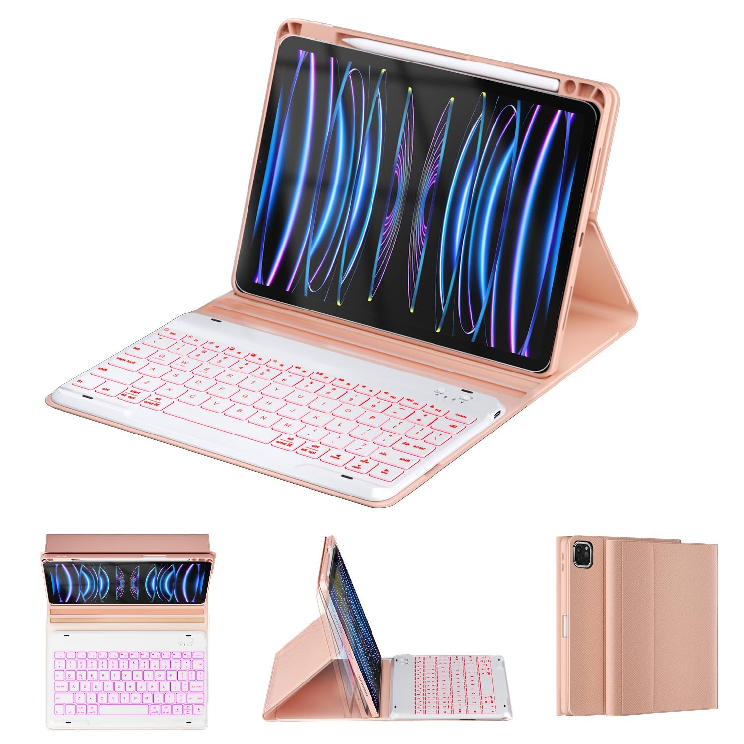 OYEEICE Keyboard Case for iPad Pro 12.9 (6th Generation 2022) - Detachable BT Backlit Magnetic Keyboard with iPad Pro 12.9 inch 5th / 4th Gen 2021 2020, Built-in Pencil Holder, Smart Cover(Pink)