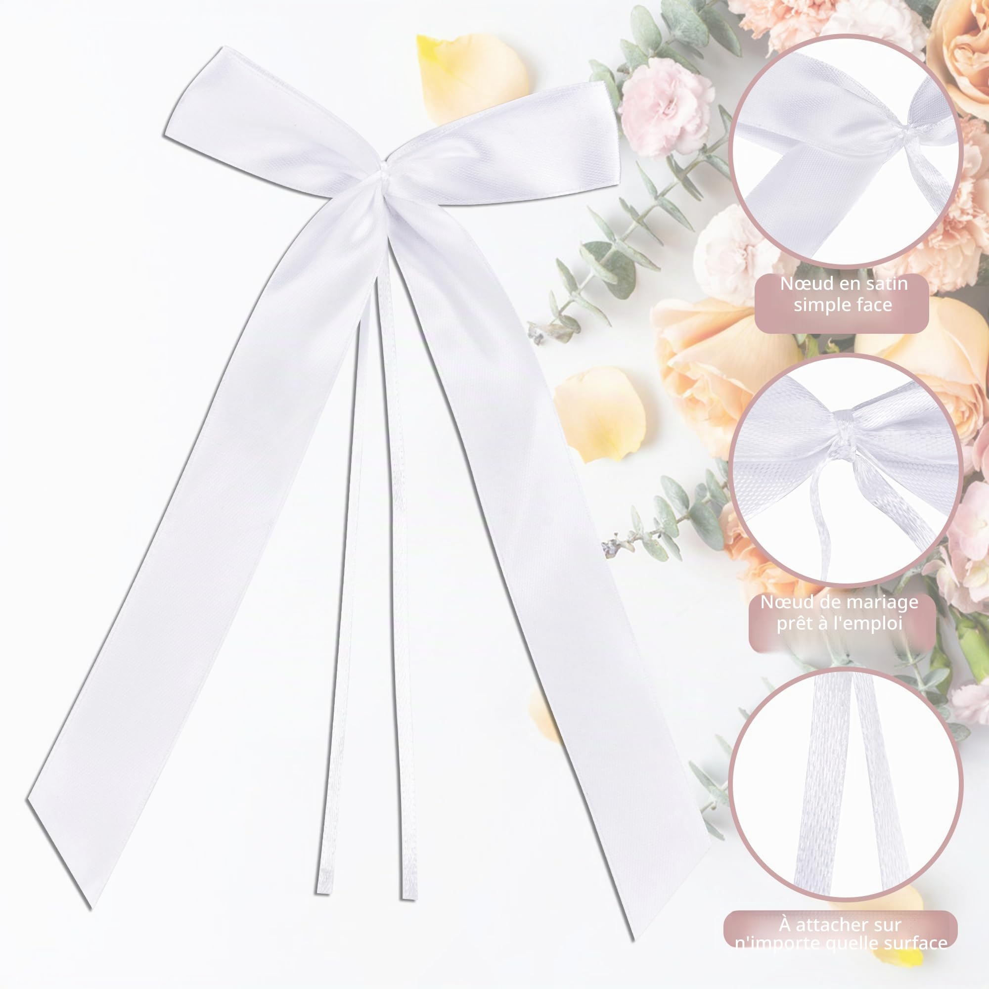 DazSpirit 100 pcs Noeud Voiture Mariage Blanc, Ruban Satin Decoration Mariage pour Deco Voiture, Mariage Champetre, Decoration Voiture Mariage de Chaise, Cadeaux, Wedding Ceremony, Bouquet | Prêt à l'emploi