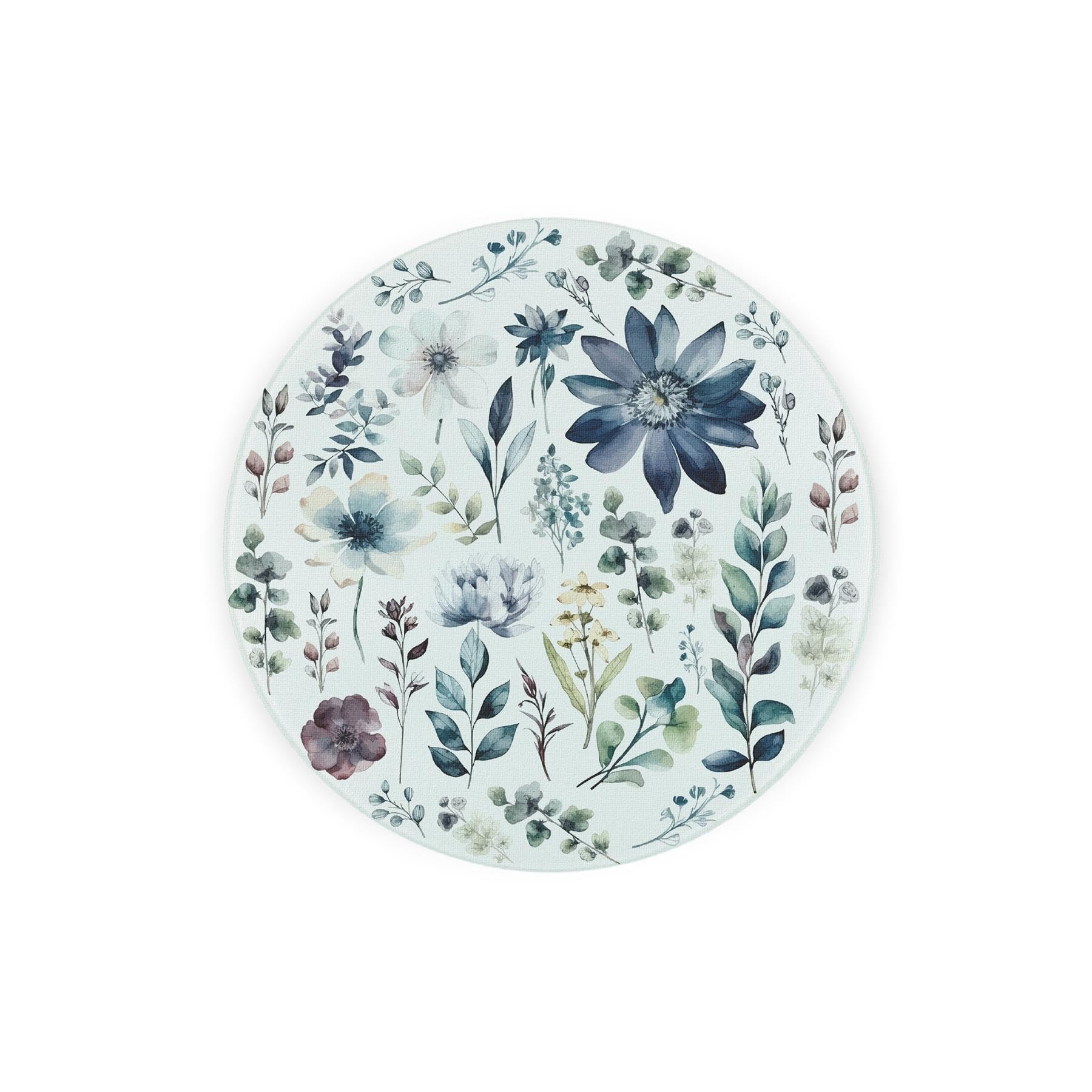 Blue Pastel Flowers Round Glass Trivet - Pretty Floral Décor Kitchen Gift Small Textured Chopping Board/Worktop Protector 20cm x 20cm (8" x 8")