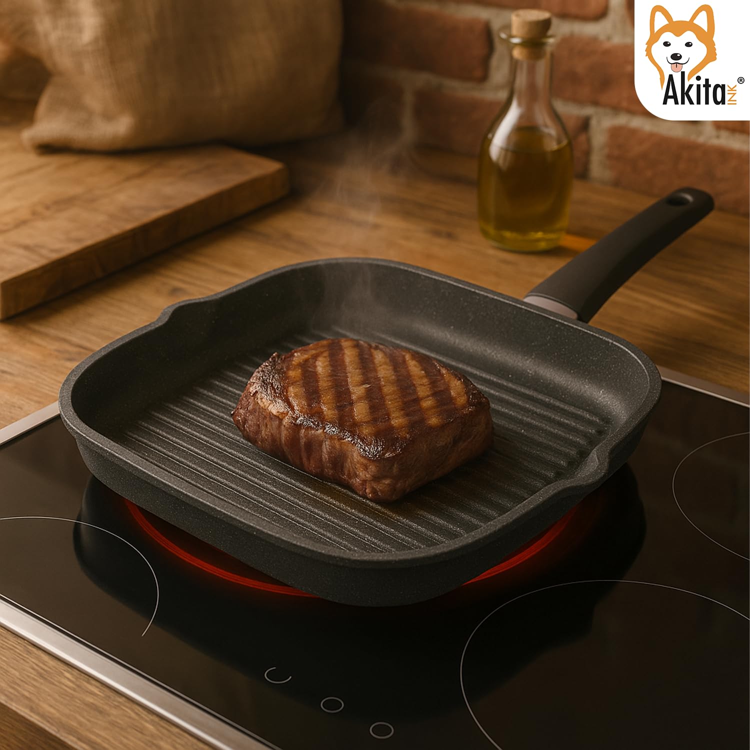 AKITAInk Bistecchiera Energika 28×28 cm Piastra Quadrata in Alluminio Effetto Pietra Antiaderente, Manico Soft Touch, Adatta anche ai Piani a Induzione