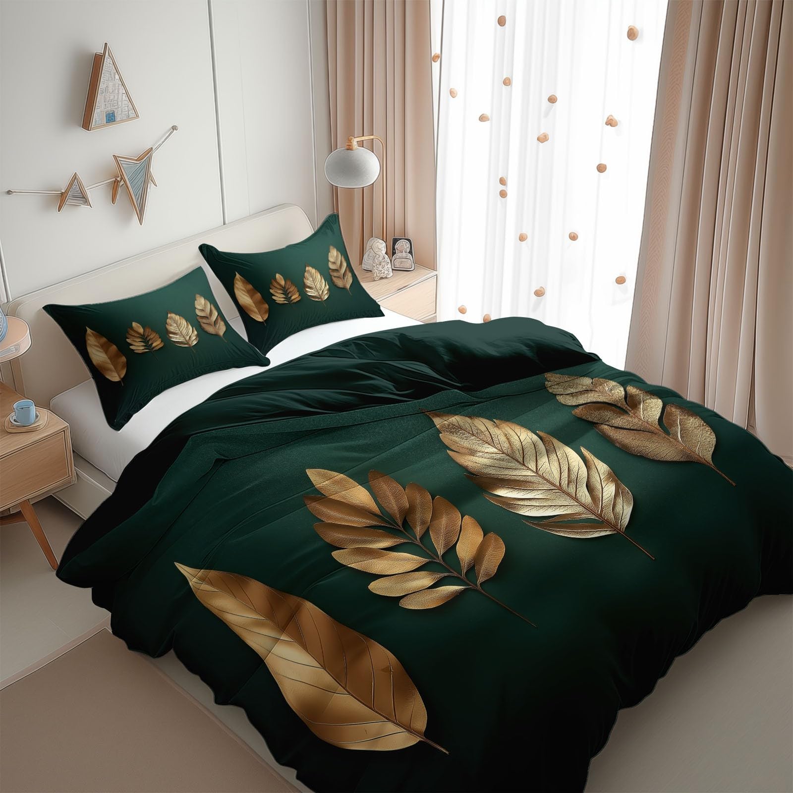 Dark Green Bedding Sets Metallic Leaves Gold Print Duvet Cover Set, Comforter Cover Full Size Soft Breathable Reversible 3-Piece Bedding for Kids Teens