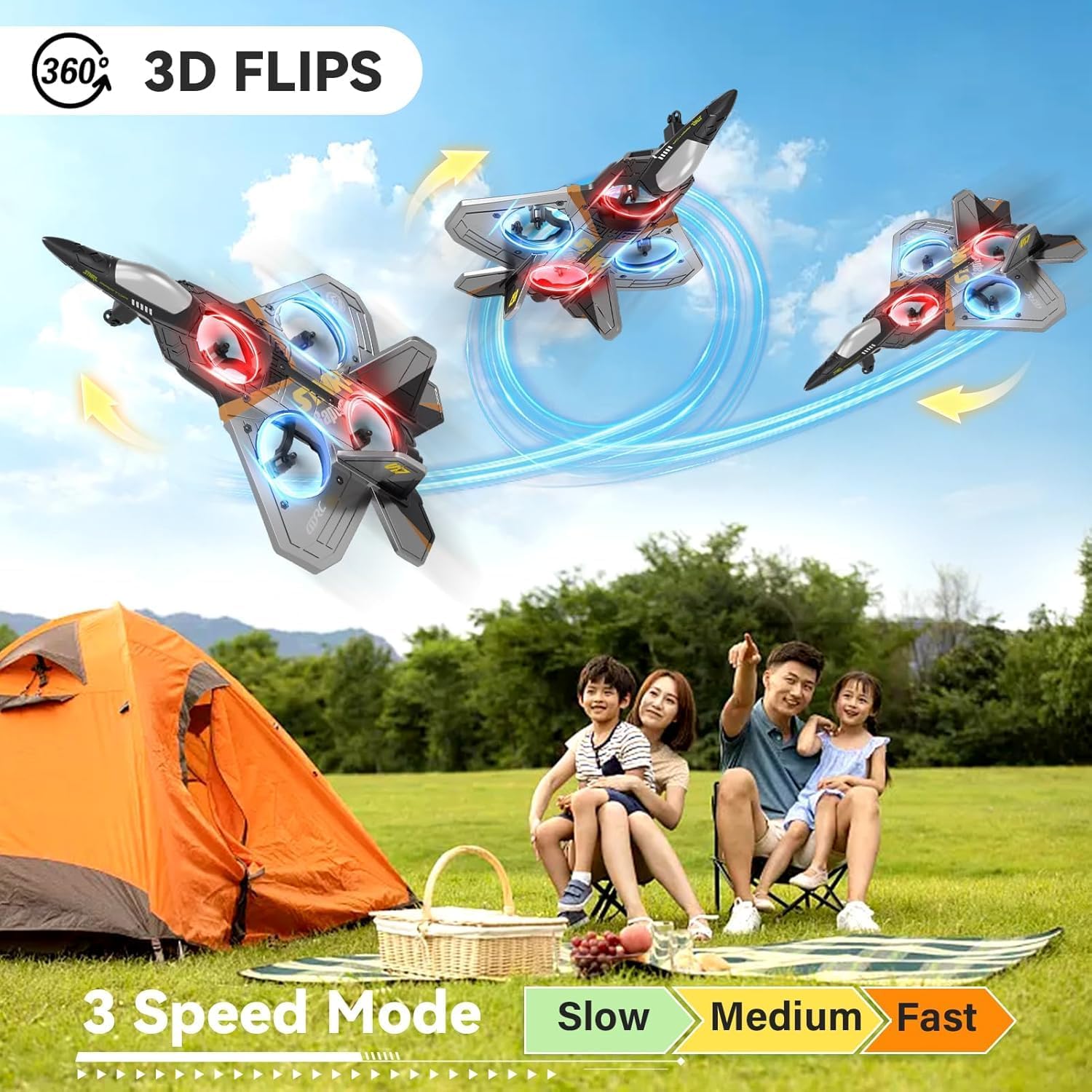 Magicwand 4 Rotor EPP Foam Jet Fighter Stunt RC Airplane with Automatic Balance System, for Beginners Aircraft Fighter with LED Lights【Random Color】【Pack of 1 RC Plane】 3
