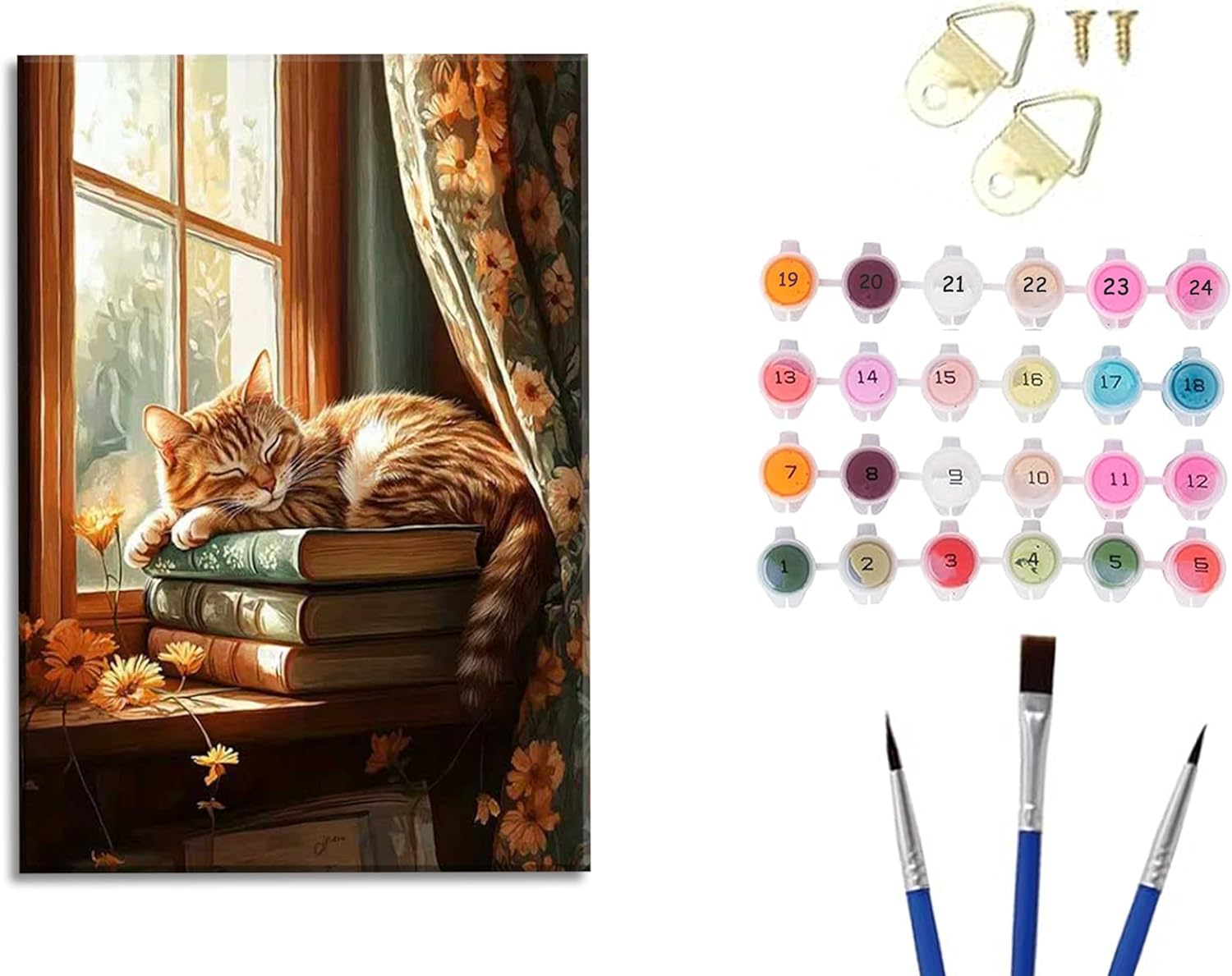 Cozy Cat on Books Paint by Number Kit with Frame, 16x20inch Sunlit Window Feline Scene DIY Painting for Adults and Kids, Art Craft Supplies