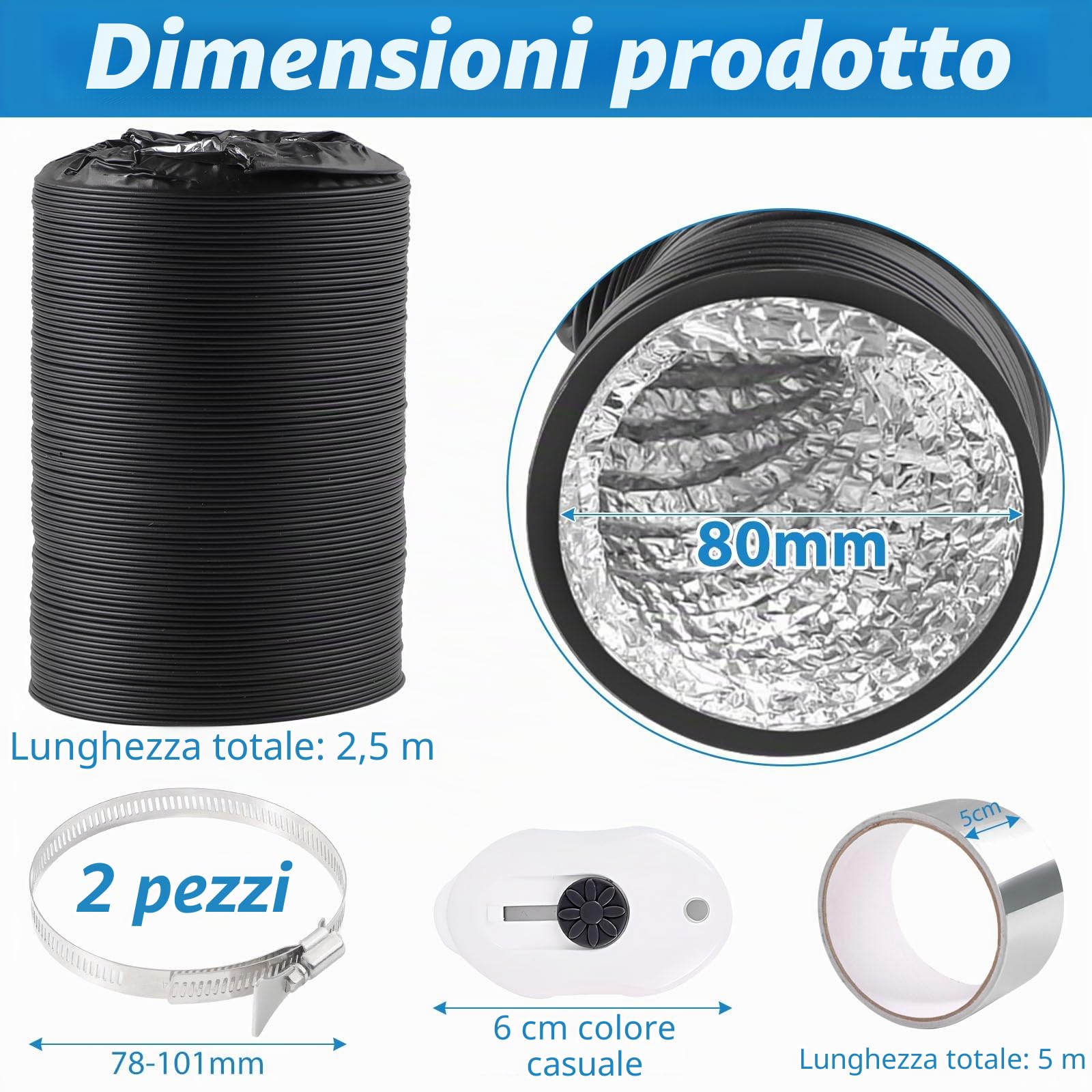 Tubo di Scarico PVC Ø80mm 2,5m Tubo di Ventilazione Flessibile Alluminio | Tubo di Scarico Ventilatore con Nastro in Alluminio 50mm x5m e 2 Fascette Stringitubo per Aria Condizionata Cappa Aspirante