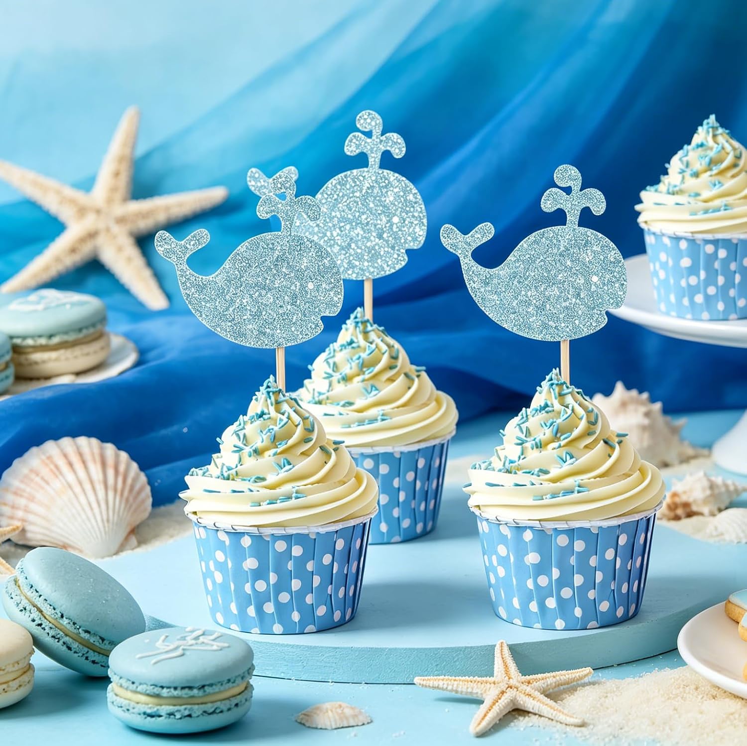 24 Blue Glitter Whale Cupcake Toppers Baby Shower Birthday Party Sea Creature Decorations