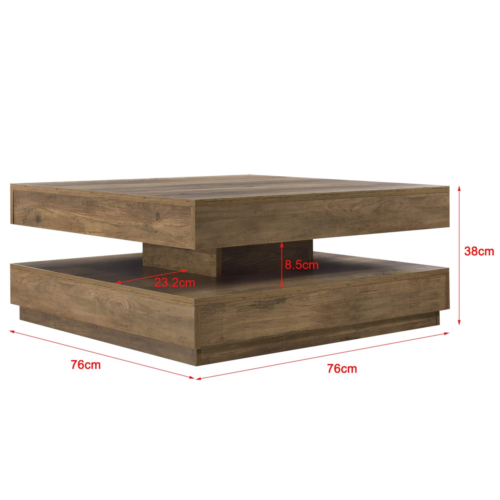 [en.casa] Mesa de Centro Florenz Mesa Baja Cuadrada con Tablero Giratorio y Estante Mueble Auxiliar Mesita para Salón 76 x 76 x 38 cm - Efecto Madera