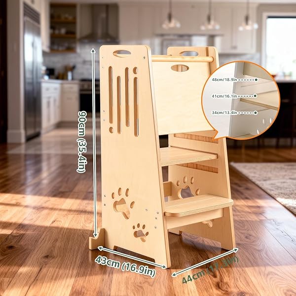 Kleinkind Tritthocker Kinderhocker, Toddler Tower & Lernhocker mit Sicherheitsbarriere, Kippschutz und Sicherheitsfüßen – Sicher & Stabil, höhenverstellbar für Kinder ab 1 Jahr(Naturfarbe) - 2
