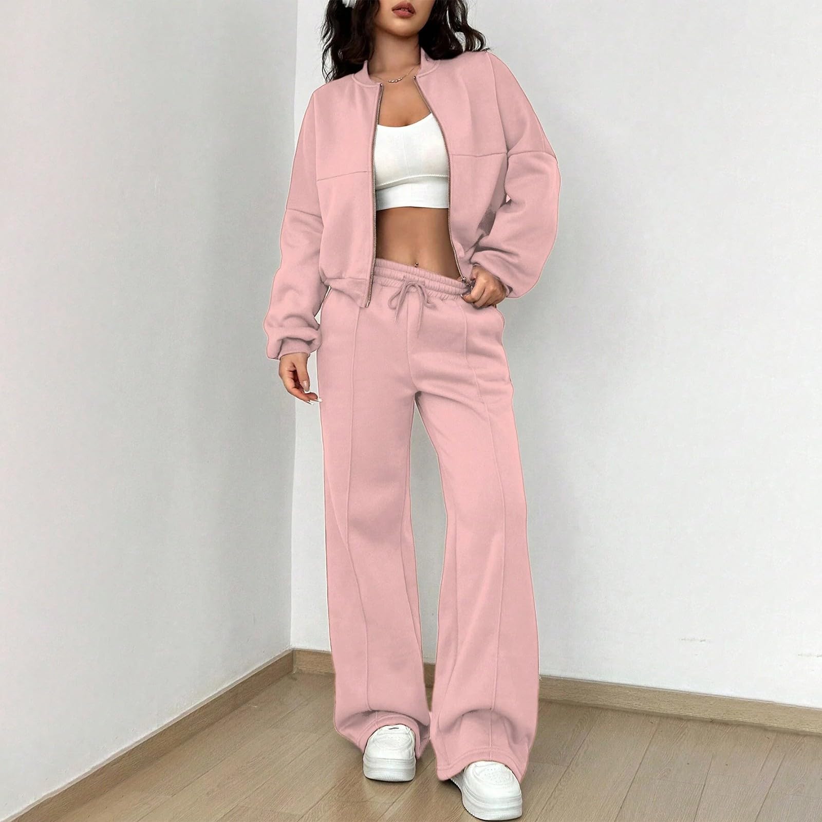 Ansenesna Jogginganzug Damen Set Baggy Trainingsanzug Winter Weites Bein Zweiteiler Hosenanzug Sportlich 2 Teiler Ohne Kapuze Jogging Anzug Elegant 2 Teilig Sportanzug Frauen Oversize Activewear