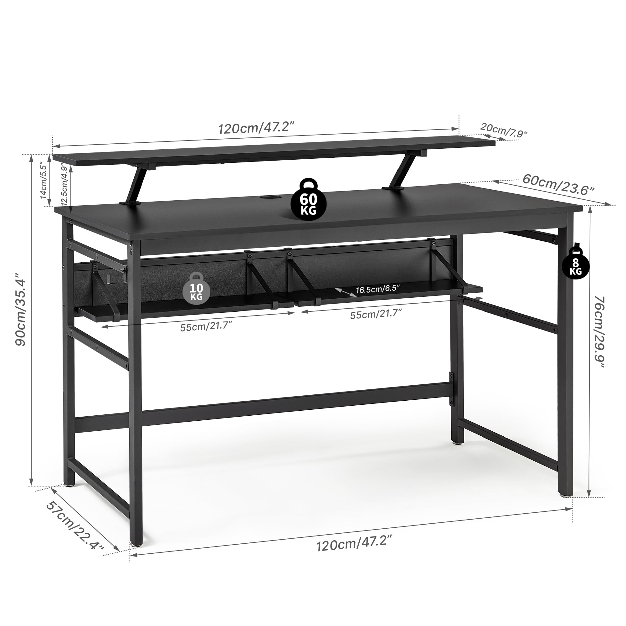 Mondeer Scrivania per computer, postazione di lavoro con 2 ripiani regolabili e grande supporto per monitor, salvaspazio, per casa, ufficio, studio, 120 x 60 x 90 cm, nero