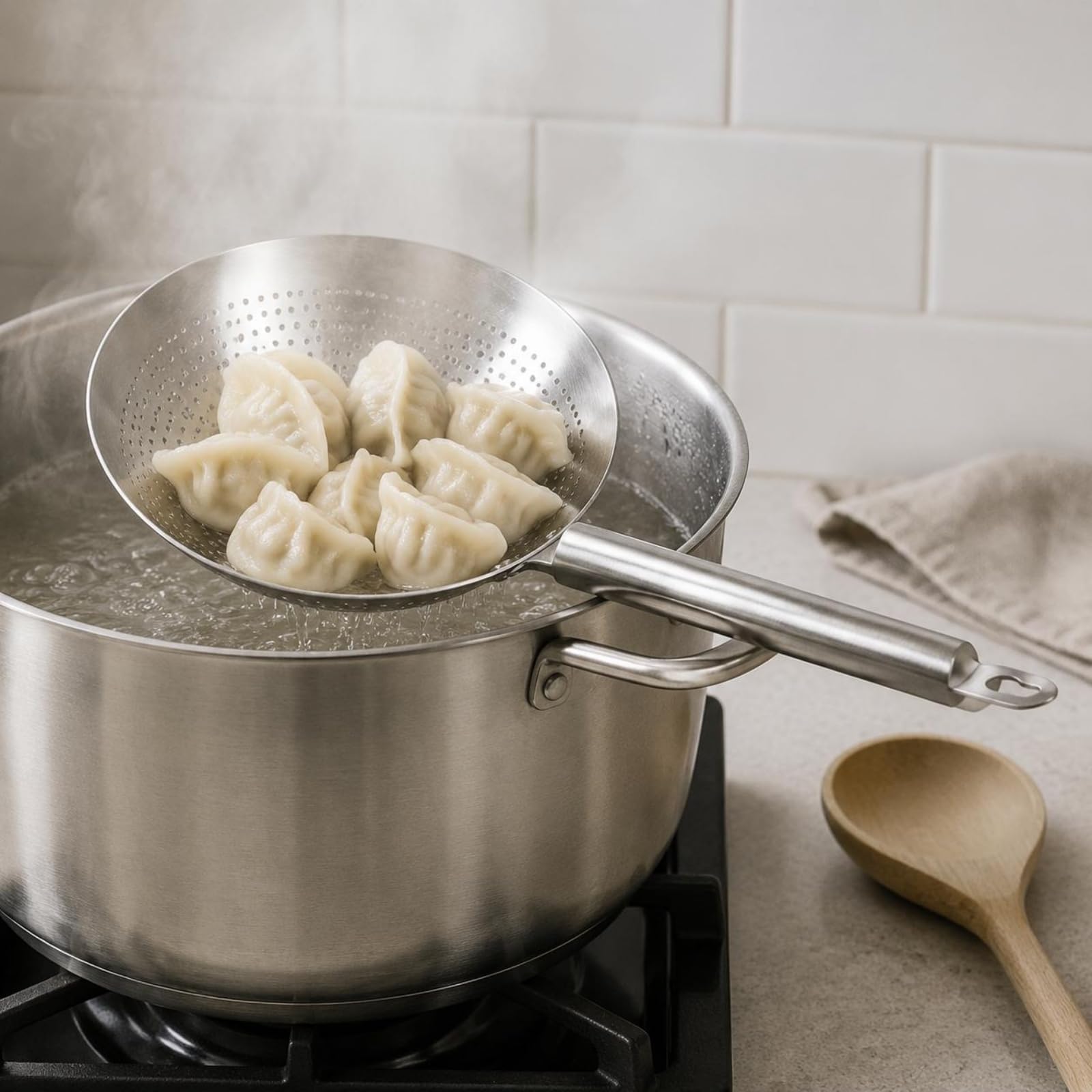Colador de Acero Inoxidable 316L Cuchara Escurridora Espumadera con Malla Compacta y Cazo Resistente al para Escurrir Aceite Hervir Fideos Tareas de Cocina, 26cm