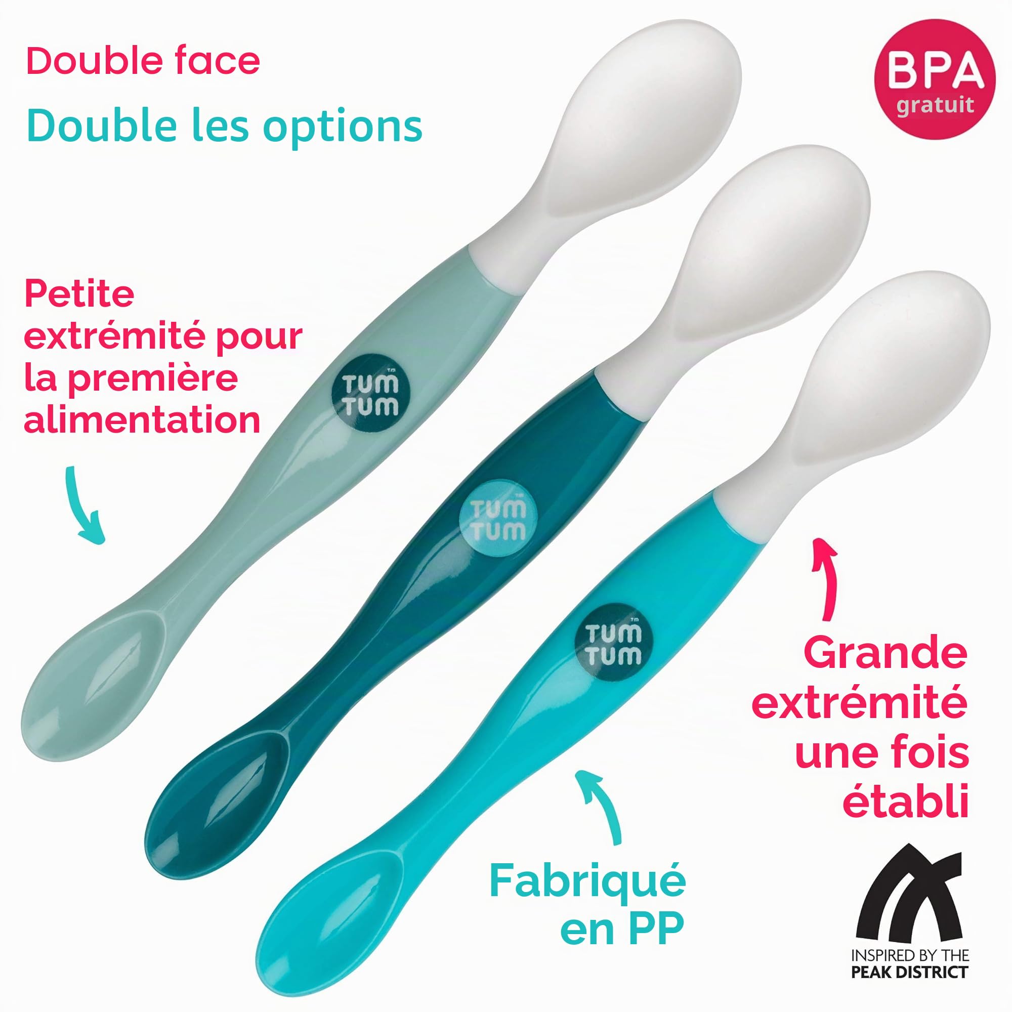 TUM TUM 3 Cuillères Bébé 1er Âge, Cuillères Bébé 2 Extrémités, Sans BPA, Lavables (Bleu)