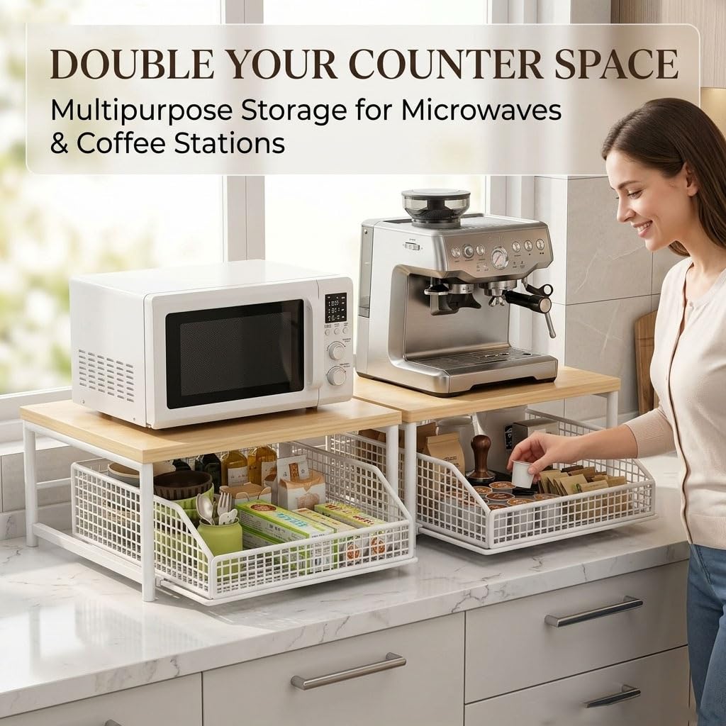 Carro de Cocina de Dos Niveles Organizador para máquina de café con cajones deslizantes Estante de Almacenamiento para encimera Soporte para microondas de Oficina en casa(Black)