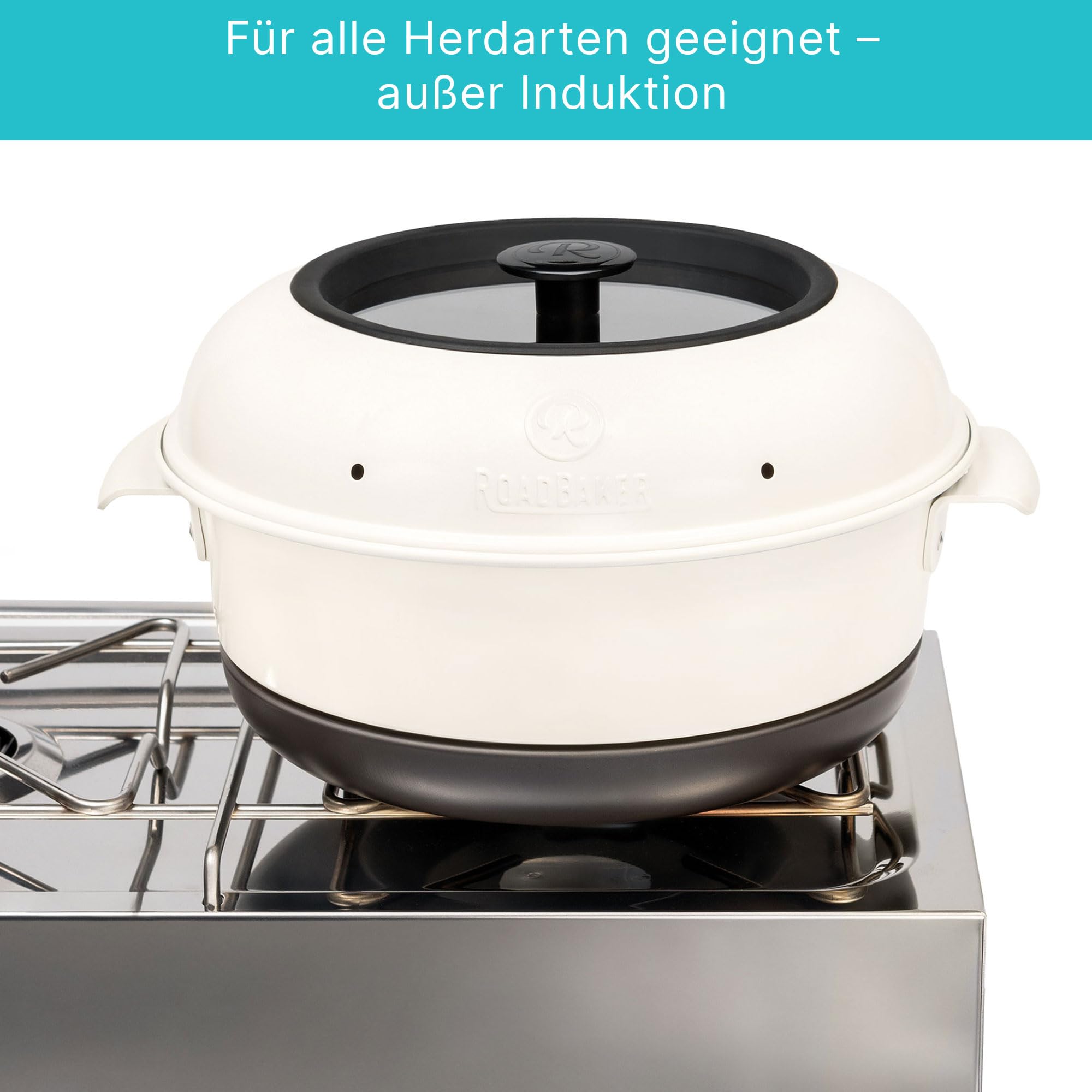 All Inclusive Set 7-teilig – Mobiler Campingbackofen mit Backgitter, Kochbuch & Küchenzubehör | Backofen für Gaskocher | Camping Zubehör für Wohnmobil & Vanlife
