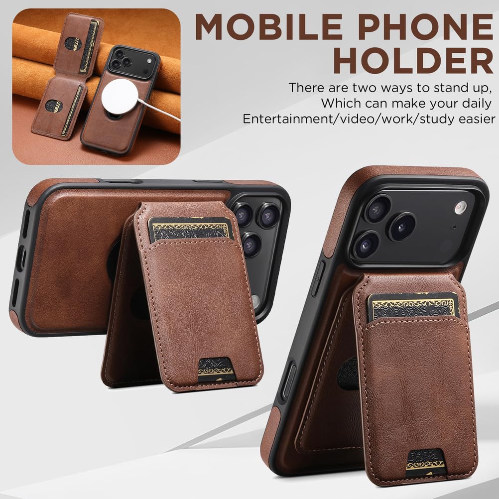Skórzane etui na iPhone'a 17 Pro Max/17 Pro/Air/17, magnetyczny odpinany uchwyt na karty, etui z podstawką i logo. Widok biznesowy.