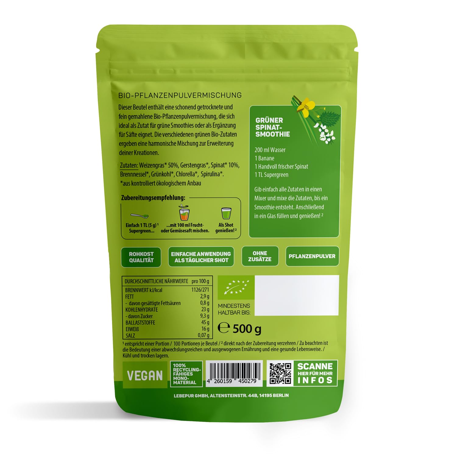 Lebepur BIO SUPER GREEN Pulver 500g - Pflanzenpulver mit Gerstengras, Weizengras, Spinat, Brennnessel, Grünkohl Chlorella und Spirulina - für Green Smoothie geeignet in Rohkostqualität